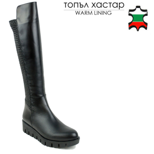 Women's black leather high boots with stretch on back