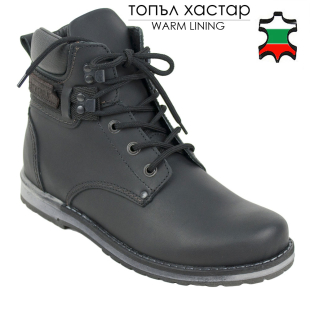 Men's black leather boots with ties and warm lining