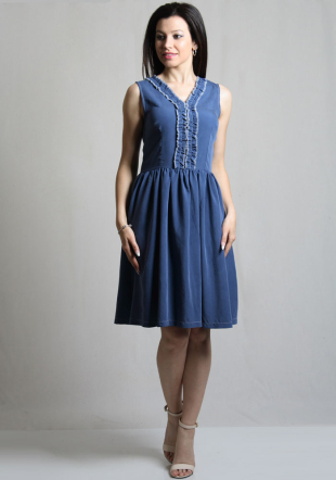 Rochie de culoare albastră cu volane fine decorative RUMENA