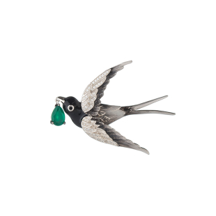 Silver swallow brooch with hand painted feathers and big green zicon Swan