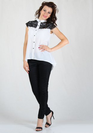 Women's white chiffon shirt with black lace RUMENA