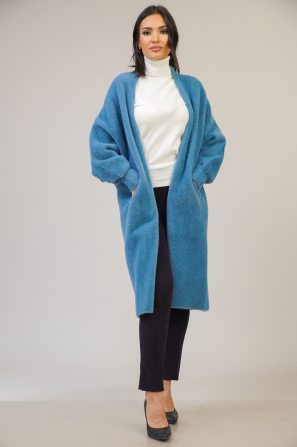 Women's long cardigan in blue wool and angora 2128