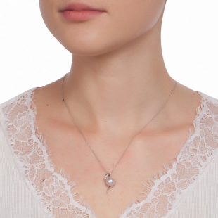 Silver pendant necklace with natural white pearl and zircons LA087NP Swan