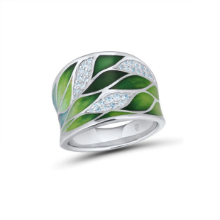Silver ring with hand-painted  leaves and zircon stones PJ303R Swan
