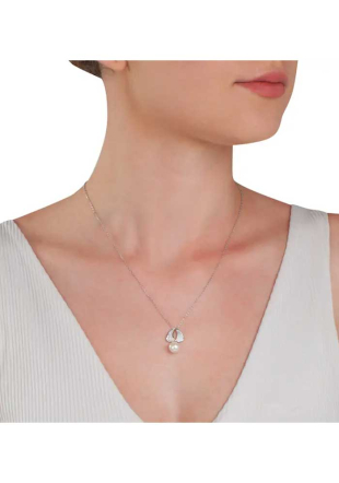 Women's Sterling Silver Round Pearl and Cubic Zirconia Necklace CA624NW