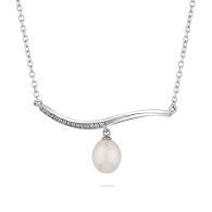 Silver necklace with white freshwater pearl and zircons RT114NW Swan
