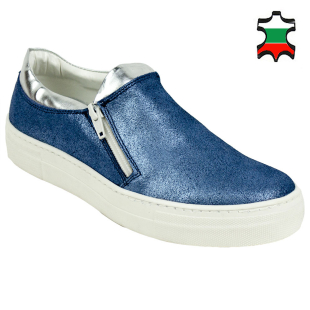 Women's blue leather flat sport shoes 653blue