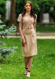 Formal beige dress with lace decoration and  ribbon Avangard