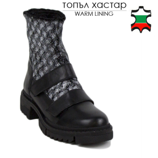 Дамски боти от черна естествена кожа в комбинация с текстил 20411