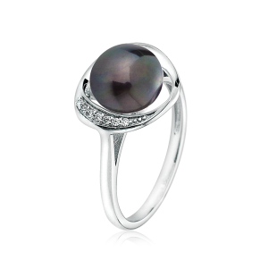 Silver ring with natural black pearl and zirons LA924RB Swan