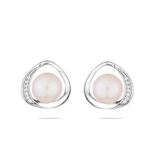 Silver earrings with natural white pearl and zirons LA924EW Swan