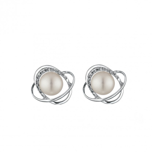 Silver Earrings with natural white pearls and zircons CAA063E Swan