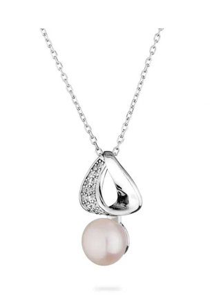 Women's Sterling Silver Round Pearl and Cubic Zirconia Necklace CA624NW