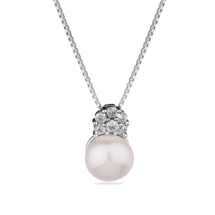 Silver necklace with natural white pearl and zirons CAA026N Swan