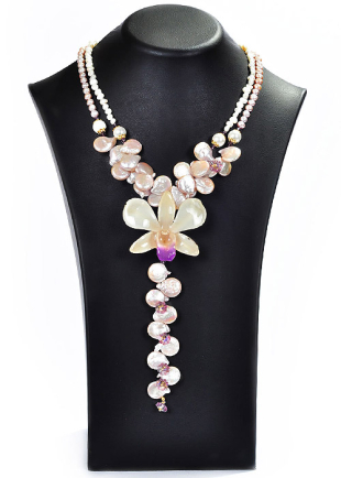 Колие с естествена орхидея, Swarovski, сладководни перли и седеф Maria's Bridal Necklace Dannyra Jewels