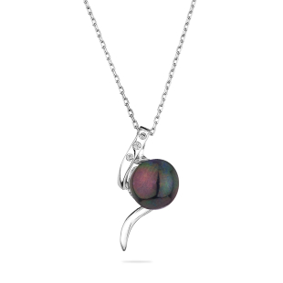 Silver pendant necklace with natural black pearl and zircons LA087NB Swan