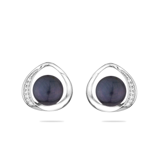 Silver earrings with natural black pearl and zirons LA924EB Swan
