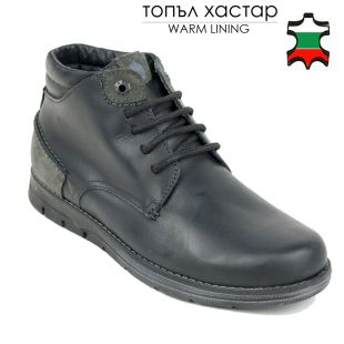Men's black leather boots with grey suede heels