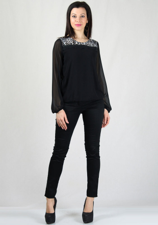 Black chiffon top with lace and printed inserts on neck RUMENA