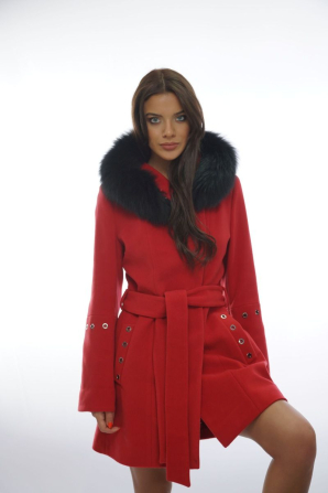 Red women's coat with genuine leather collar  Radeks 