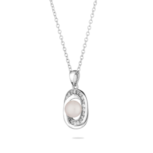 Silver necklace with zircons and freshwater white pearl LA675NW Swan