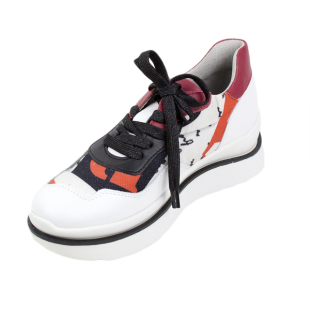 Women's real leather white sneakers with printed textile 21494