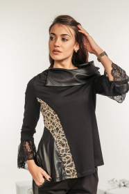 Black asymmetrical blouse with lace Avangard