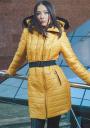Long women's jacket with a belt in mustard color 22103-301