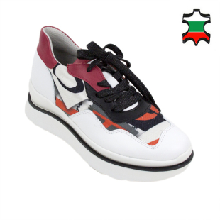 Women's real leather white sneakers with printed textile 21494