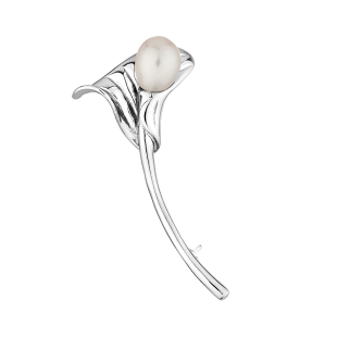 Silver flower shape brooch with white freshwater pearl Swan
