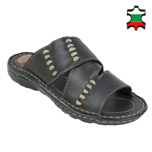Men's black leather flip-flops with grey stiches
