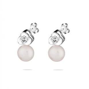 Silver earrings flower with natural white pearl and zirons LAROSE Swan