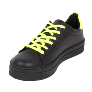 Women's black leather trainers with yellow ties 34179