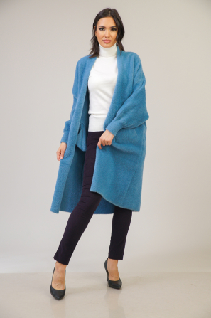 Women's long cardigan in blue wool and angora 2128