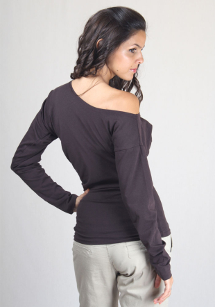 Dark Brown Blouse with Nude Shoulder Basic Line 