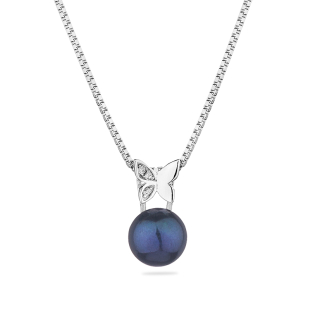 Silver necklace with natural black pearl and zircons CAA087NB Swan