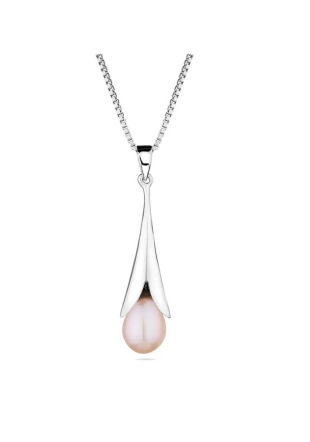 Women's Silver Necklace with Pink Pearl and Drop Pendant IEP0342P