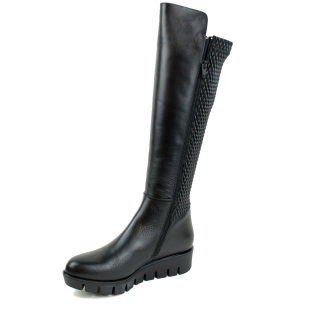 Women's black leather high boots with stretch on back