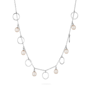 Silver necklace with natural white pearls and rings IHL0042W Swan