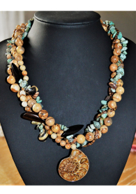 Women's designer necklace with jasper, turquoise, ebony and ammonite FW2117