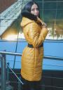 Long women's jacket with a belt in mustard color 22103-301