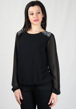 Black chiffon top with lace and printed inserts on shoulders BF RUMENA