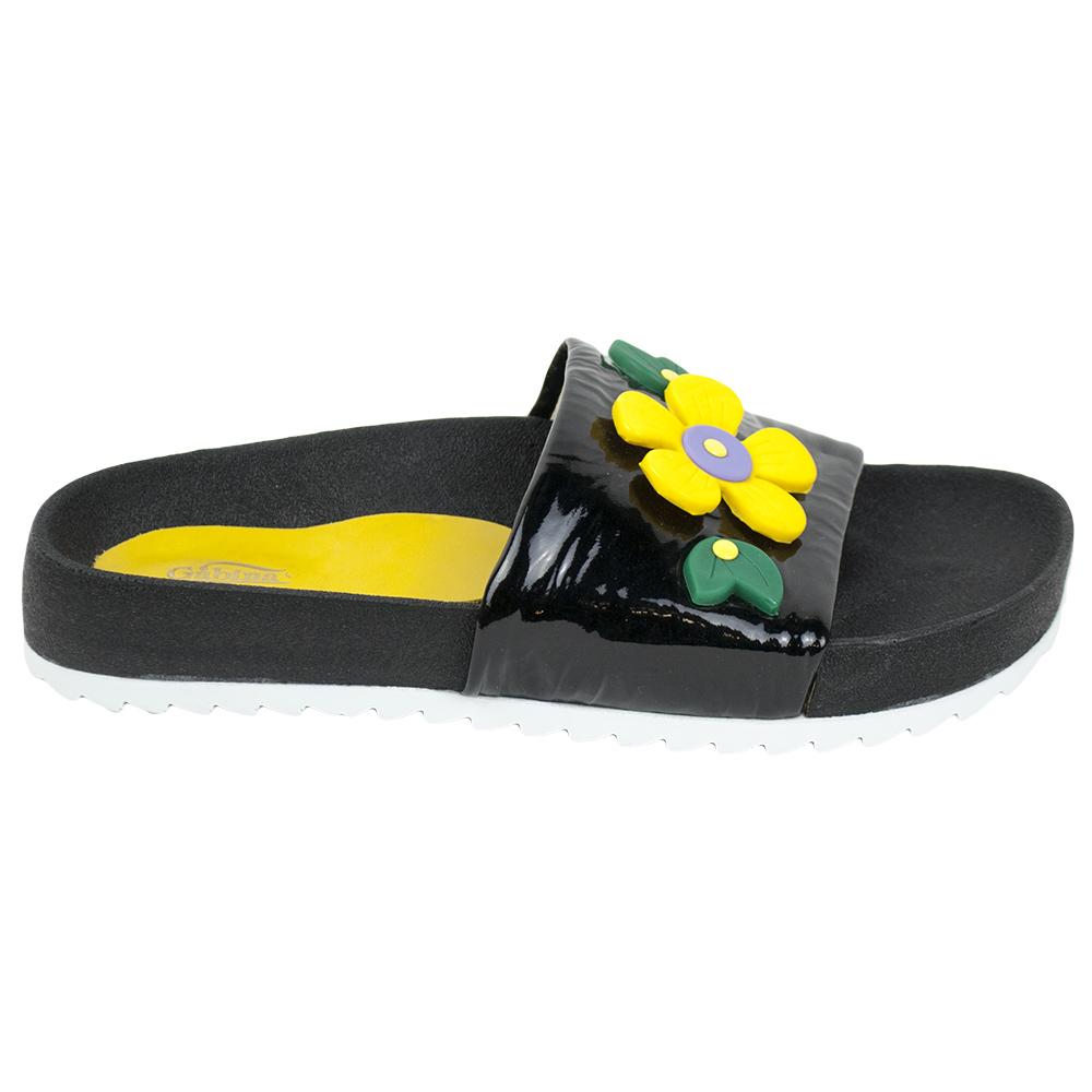Women's black patent leather flipflops decorated with yellow flowers