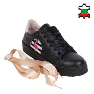 Women's black leather trainers with satin ties 34177