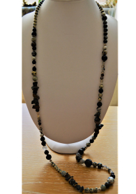 Women's long necklace with semi-precious stones - jasper, agate, pearls, bronze and lava FW2102