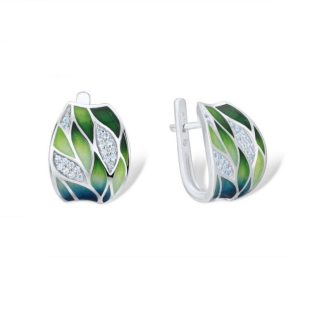 Silver earrings with hand-painted  leaves and zircon stones PJ303E Swan