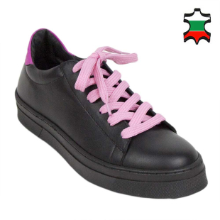 Women's black leather trainers with pink ties 34178