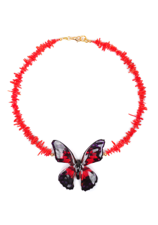 Колие от червени корали и естествена пеперуда Dannyra Jewels