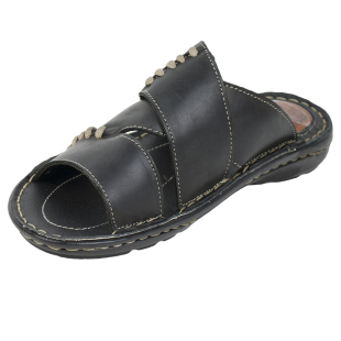 Men's black leather flip-flops with grey stiches