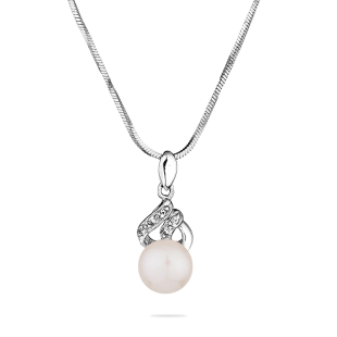 Silver necklace with natural white pearl and zircon IP0023W Swan